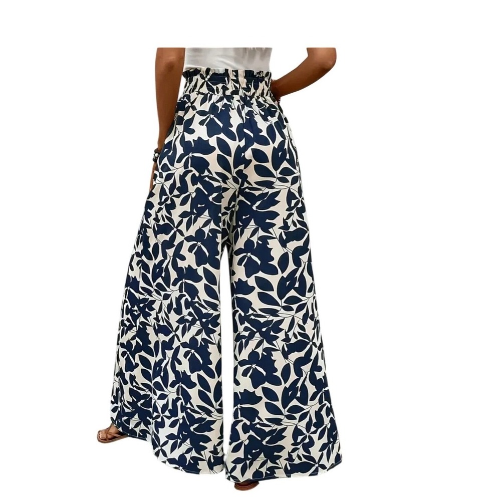 Romantic Leaf Print Wide Leg Paperbag Waist Palazzo Pants XL Summer Resort